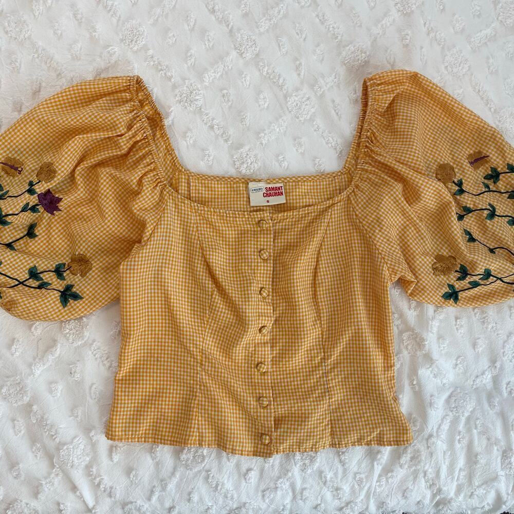 Samant Chauhan Amabella Embroidered Blouse Womens Size Small Gingham Embroidered - Picture 4 of 8